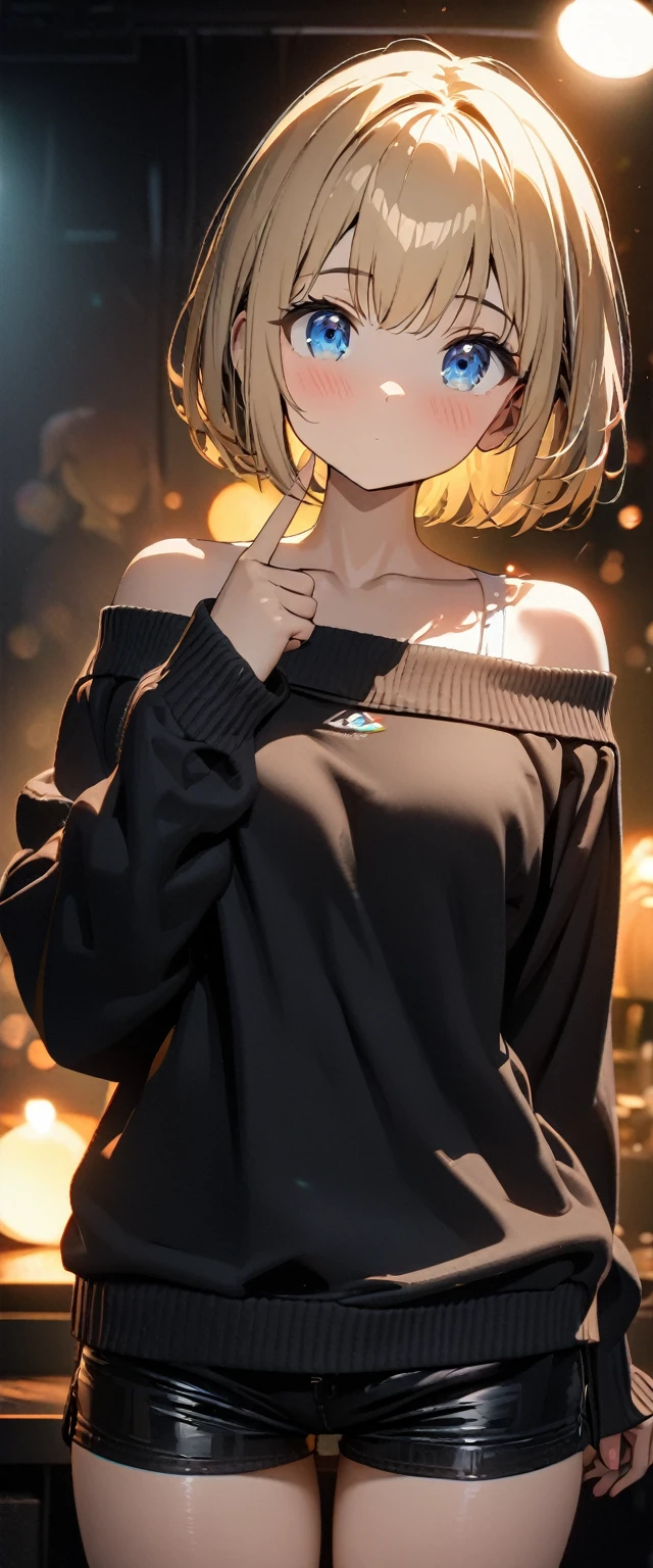 (((One girl))), blond hair, bob cut, , from front, (cowboy shot), (looking at viewer), ((black shorts)), ((off-shoulder black sweater)), index finger to own mouth, arm at side, face in focus, teenagetilt:1.3, (((blue eye))), ((no mouth)), (()), ((sleeves past wrists)), anime style, (best quality, 4k, 8k, highres, masterpiece:1.2, ultra-detailed, ultra-detailed eyes, HDR, UHD, studio lighting, ultra-fine painting, sharp focus, physically-based rendering, extreme detail description, professional, vivid colors, bokeh)