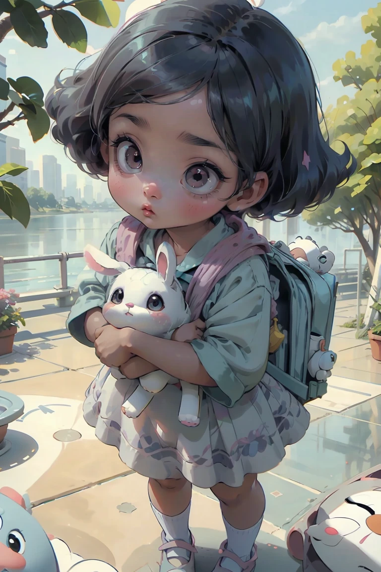 Girl, Big turquoise eyes, curious, shy, sweet face, dark skin, clips in her hair, She is a 10 year old girl with big turquoise curious eyes and white short hair, has a clip in her hair, wears a child's dress and white frilly children's socks and a bunny backpack. She is not a shy girl, clutching a little teddy tightly, hiding behind teddy. Background: Schoolyard, children playing, she stands apart, she is afraid of the other children