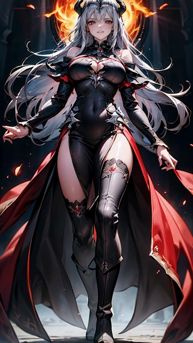 Highest quality、masterpiece、8K、Realistic、超High resolution、Very delicate and beautiful、High resolution、Cinema Lighting、medium range shooting、Portraiture、完璧なwomanの体、(:1.6)、Opposition、Looking at the audience、( ((Demon King of Another Worwoman)、Jet black dress、Red glowing eyes、Sharp Corners、Dark aura、Long silver hair、Ruthless smile、Dark Throne))、Powerful wings、Fire Magic、Dark Crown、Magic wand、Castle of Darkness、Powerful Spell Book、Evil coat of arms、black magic、Battle scars、Absolute advantage、Strong Will、A faithful family、Ruthless character、Fear-inducing presence、Deep Red Lipstick、Dark Pact、ruler of the demon world、Otherworldly landscapes、Symbol of Destruction、The Power of Despair、Evil plan、Jet black boots。)