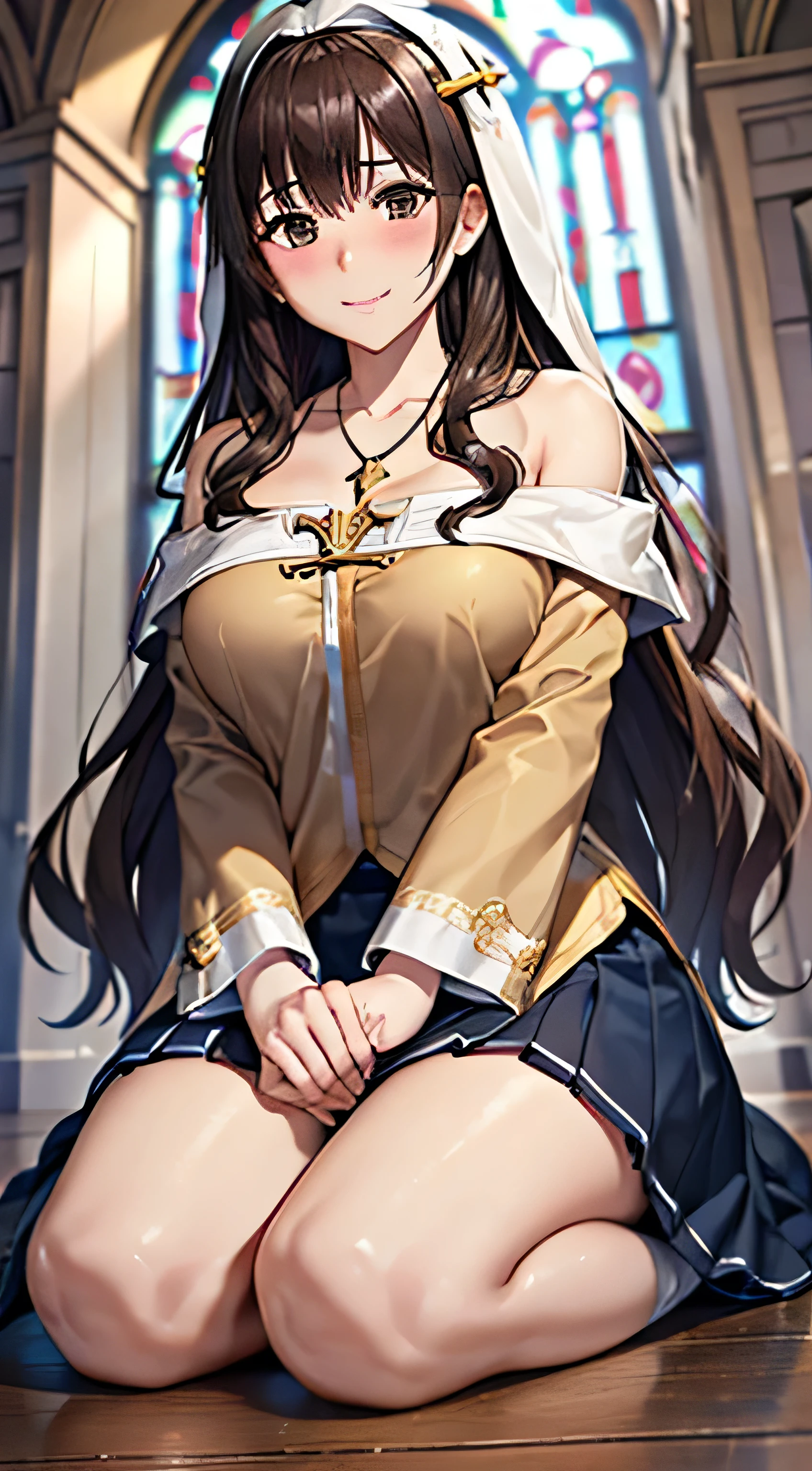 ((Tabletop, Highest quality, High resolution, , Pixel Perfect, 4K,))), 1 female, 、The whole body is visible、 ((Long Wavy Hair, bangs, Brown Hair)), ((Brown eyes, Beautiful eyelashes, Realistic eyes)), ((Detailed face, Blushing:1.2)), ((Smooth texture:0.75, Realistic texture:0.65, Realistic:1.1, Anime CG Style)), Medium sized breasts, Dynamic Angle, Perfect body, (( , , Beautiful Priest、、 Priest off-shoulder jacket、Pleat Long Flare Skirt、、)), Gold Hair Ornament、Cross Necklace、、Very embarrassing panic smile, 、Gorgeous church basilica、、、、Hold a big Bible、Sitting on the floor、Get on one knee、、、Light blue lace panties are visible、Bring your arms together、、、、 、Angle from below)、