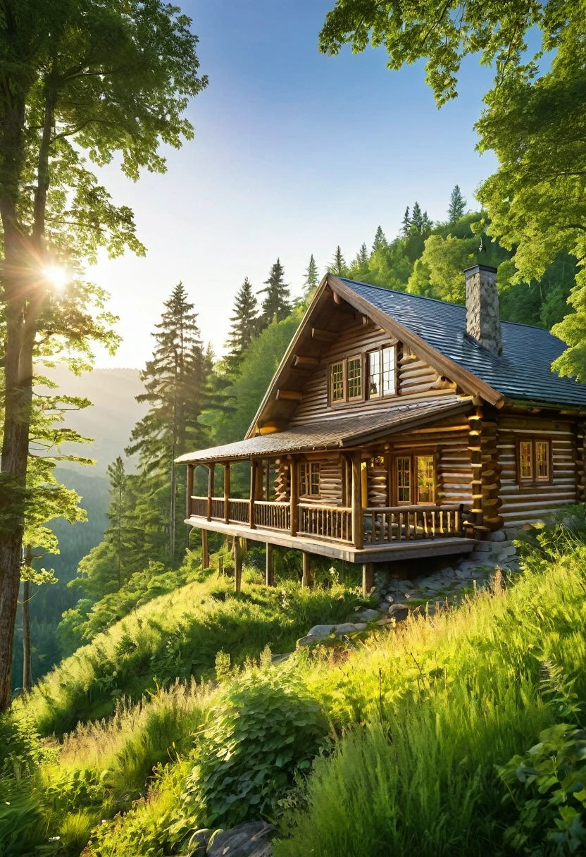 A sprawling log cabin, perched on a verdant hillside, commands a breathtaking view of the surrounding forest. The sunlight bathes the scene in a warm glow, highlighting the rustic charm of the cabin and the lush beauty of the landscape.