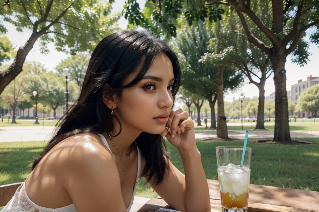 Create a Latin woman with black hair, brown eyes, with a glass of water and ice inside the glass, in a park with trees around