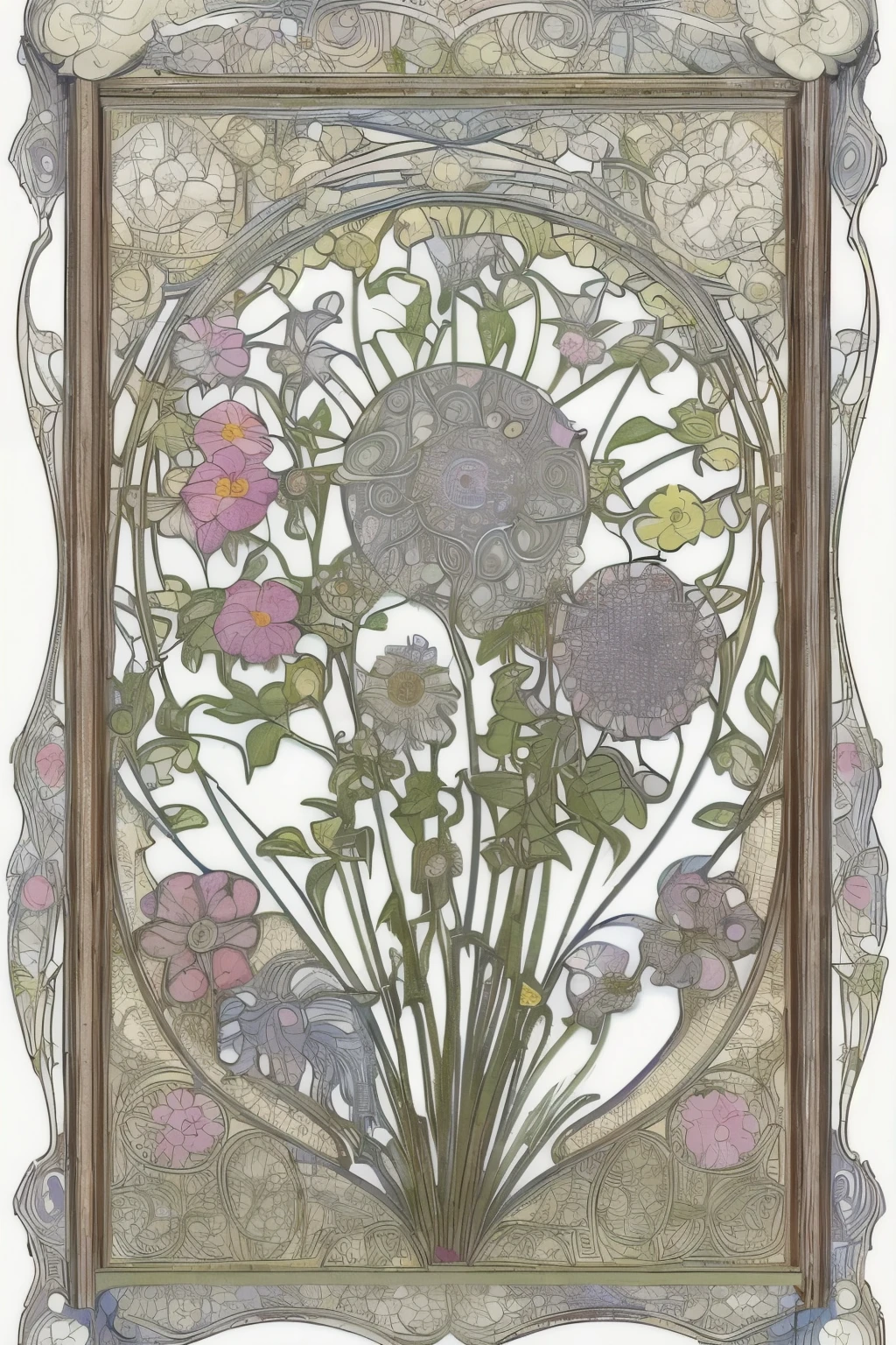 Flower Painting, Floral frame, Decorative panel, Abstract Art of Alphonse Mucha, sketchfab, 色や影のないLine artやシーン. (masterpiece, Better Quality, High resolution: 1.4), be familiar with, Intricate details, 4K, Color Splash, Line art, Fibonacci,