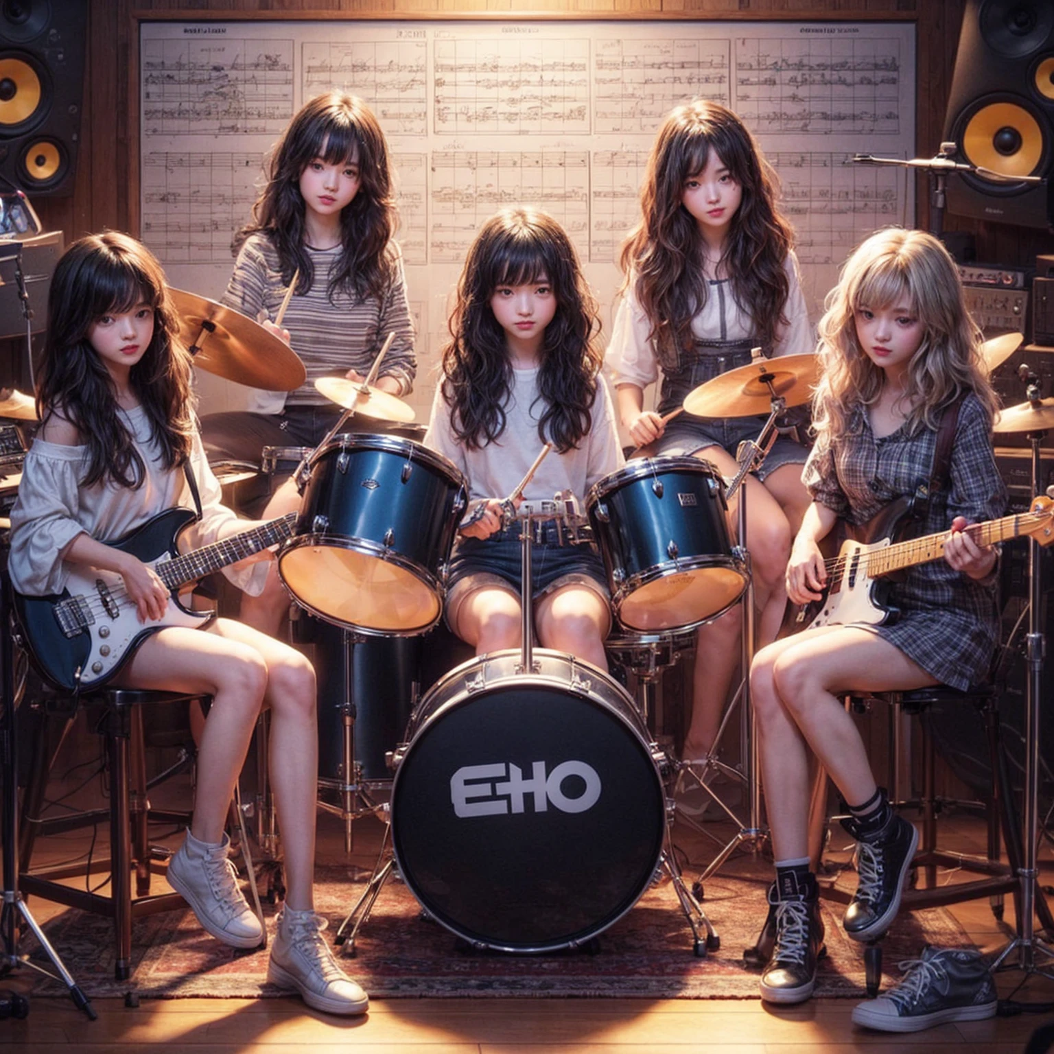 **Photo of 5 beautiful girls sitting:**
- **3 girls with messy black hair**
- **2 girls with wavy bob hair**
One girl is playing the drums, one girl is playing the piano, one girl is playing the bass guitar, one girl is playing the guitar, and one girl is singing. They are sitting behind a board with the word "ECHO" written on it. The background is a music studio, complete with drums, guitars, bass guitar, and piano. The image is ultra HD, 4k, and realistic.