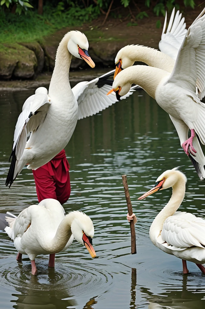 2: Preparing to Fly
Hansu and Mansu holding a wooden stick in their beaks.
Kachhu clamping the middle of the stick with his mouth.
The swans flapping their wings, ready to take off.
