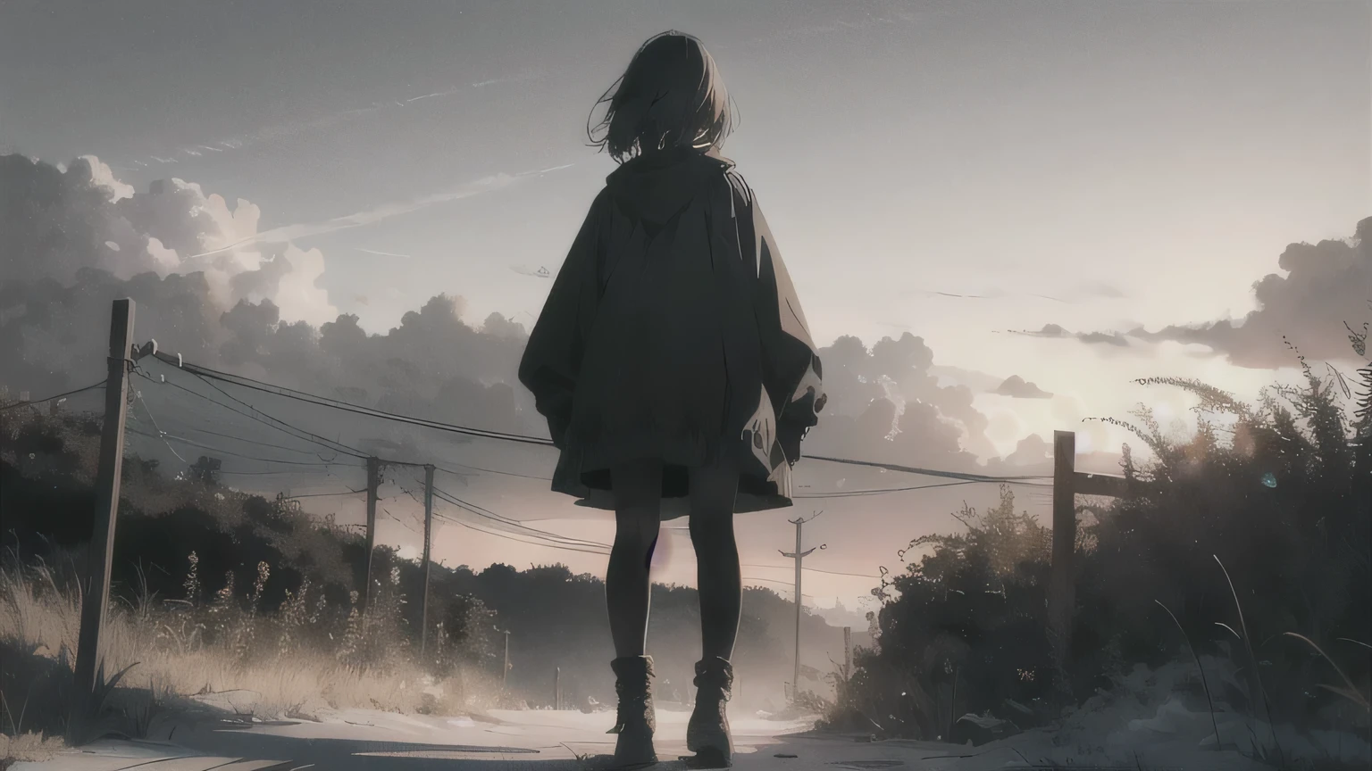 The sky is dark and gloomy A shadow covers hope, girl, zoom out
