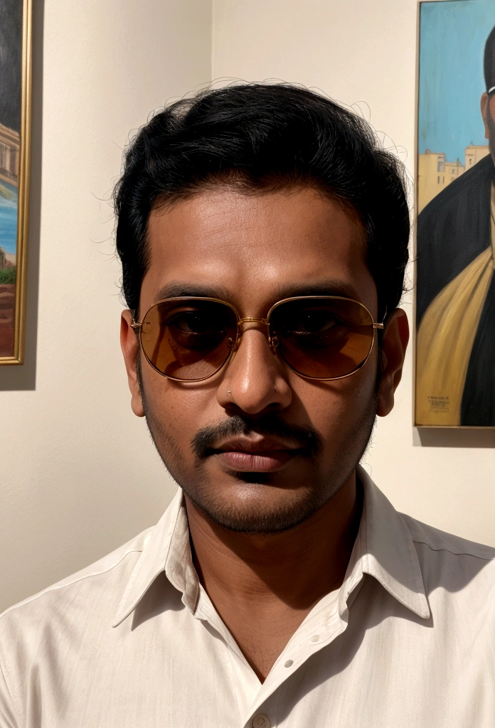 there is a man taking a selfie in front of a painting, a picture inspired by Narayan Shridhar Bendre, reddit, hyperrealism, selfie of a man, selfie!!!!! of a man, with sunglass, jayison devadas style, 8k selfie photograph, jayison devadas, profile pic, about 3 5 years old, portait photo profile picture