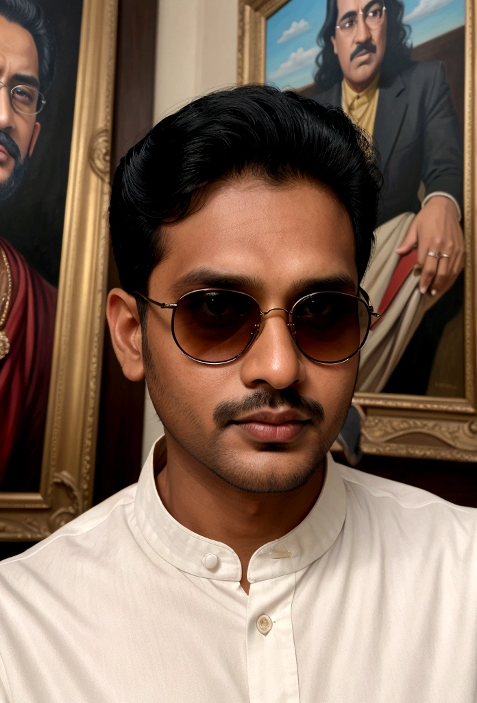 there is a man taking a selfie in front of a painting, a picture inspired by Narayan Shridhar Bendre, reddit, hyperrealism, selfie of a man, selfie!!!!! of a man, with sunglass, jayison devadas style, 8k selfie photograph, jayison devadas, profile pic, about 3 5 years old, portait photo profile picture
