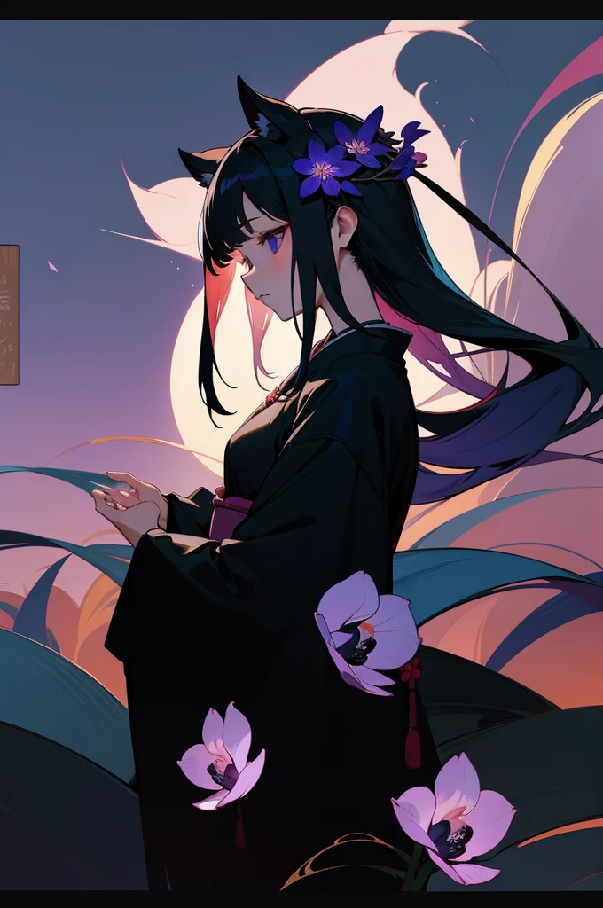 god々、Japanese clothing、woman、Floral、night、Best image quality、black、black世界、Phalaenopsis orchid、Fantasy、Landscape painting、like、like憎、beautiful、god秘、