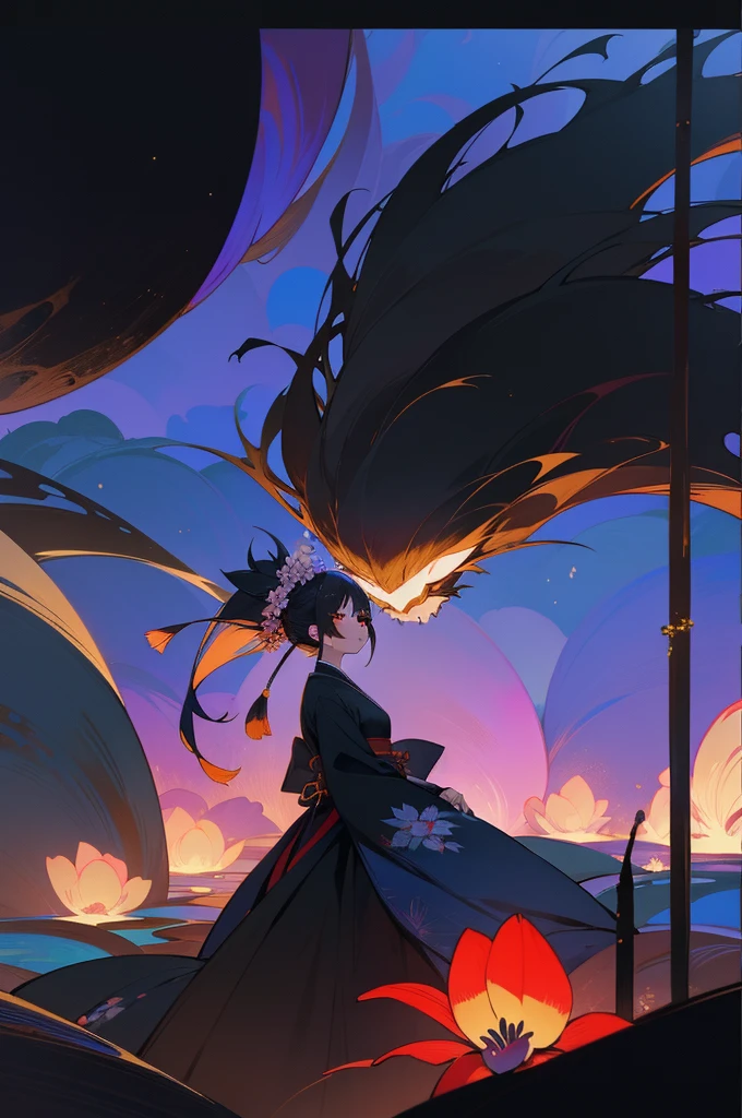 god々、Japanese clothing、woman、Floral、night、Best image quality、black、black世界、Phalaenopsis orchid、Fantasy、Landscape painting、like、like憎、beautiful、god秘、