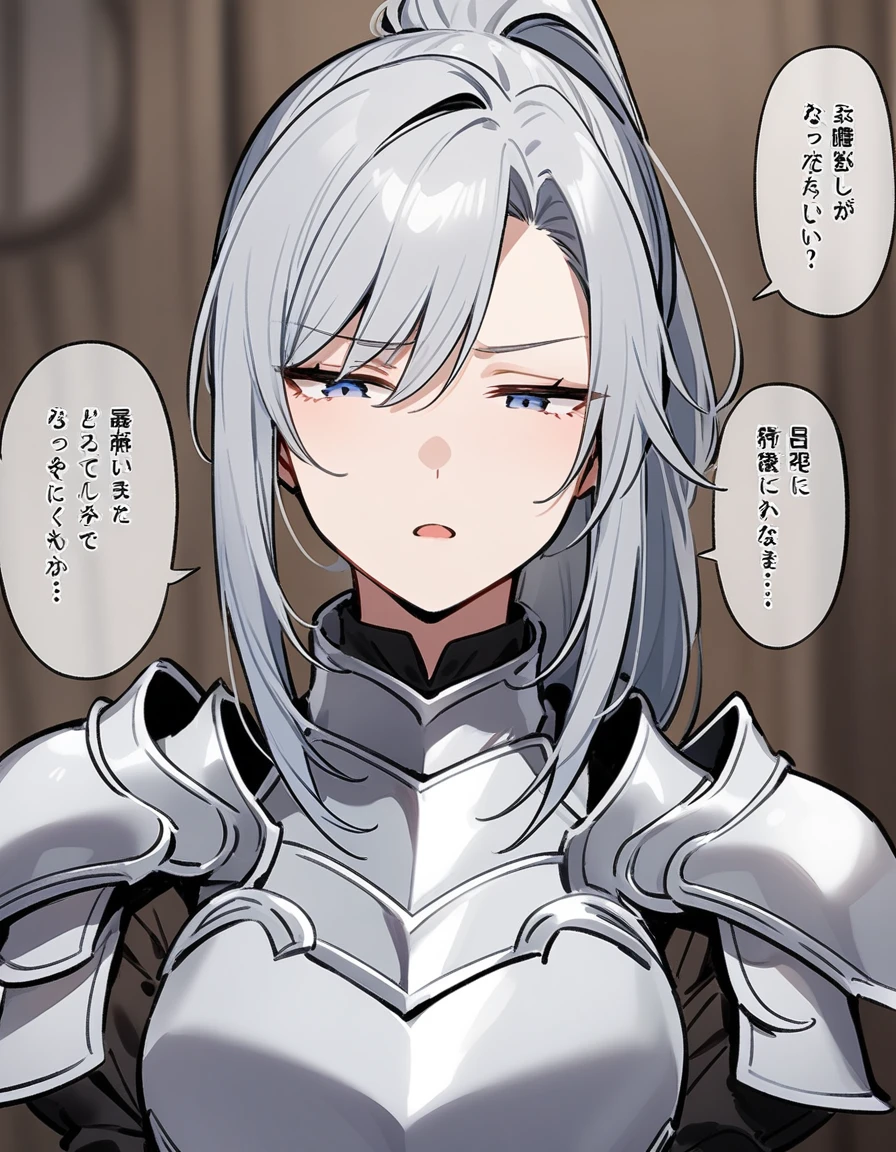 Beautiful girl knight in armor, Gray Hair, tsurime, fantastic, Face your body forward like a certificate photo, shoot from front, Ponytail, Armor Girl, beautiful female knight, Female Paladin, pale blue eyes, narrowed eyes squint, Talking mouth