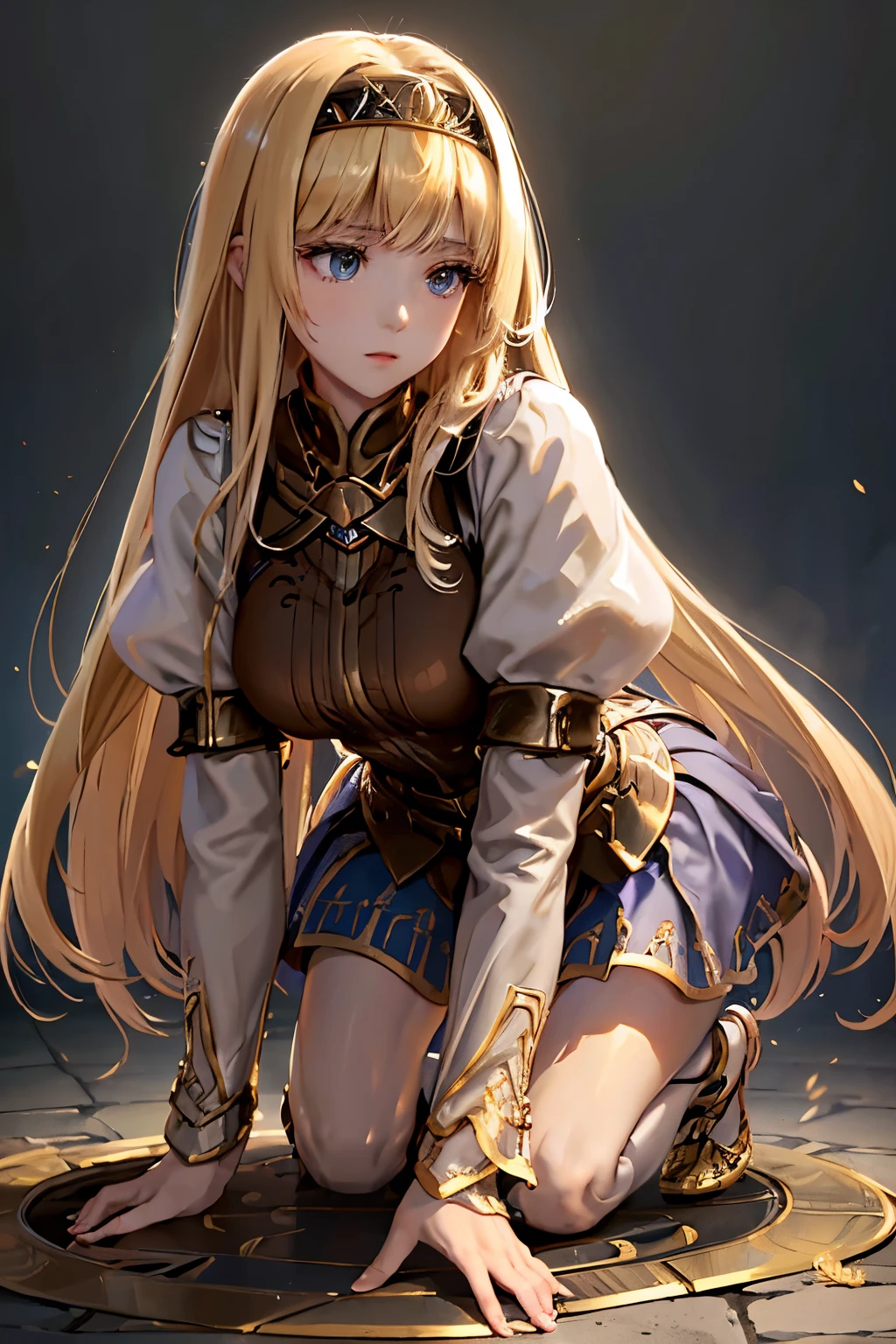 （（（ＳＦＷ、sound、Highest quality、first-clasasterpiece、Normal body、8K、Detailed face、Ultra-precision、Normal hand、Normal finger、５Finger、Highest）））、beautiful girl、Golden blonde;1.4、slender、low length、thin feet、Alisha、Princess、Valkyrie Profile、Thin sword、Fleeting、Dungeons、On all fours、Crawl