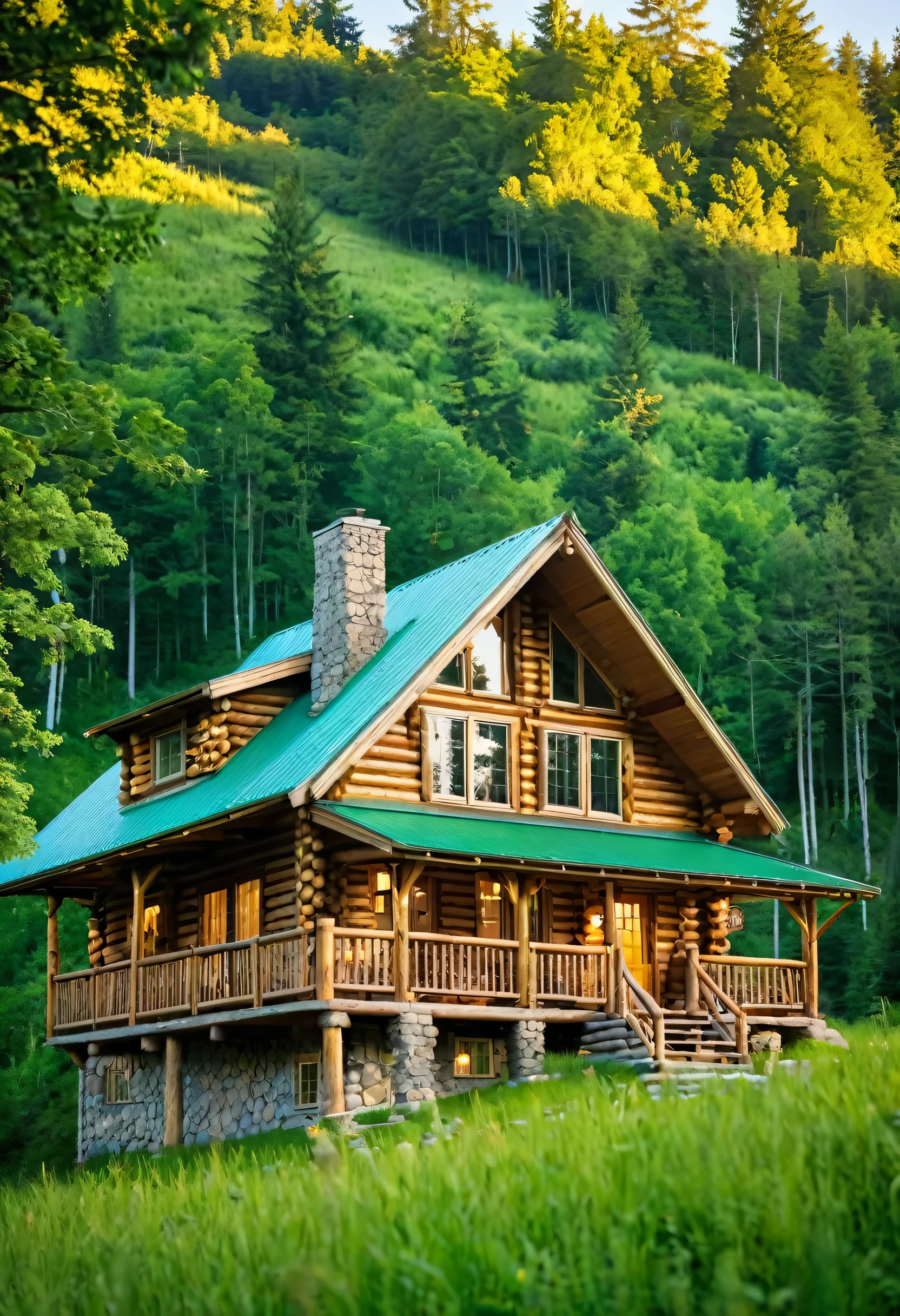 A sprawling log cabin, perched on a verdant hillside, commands a breathtaking view of the surrounding forest. The sunlight bathes the scene in a warm glow, highlighting the rustic charm of the cabin and the lush beauty of the landscape.