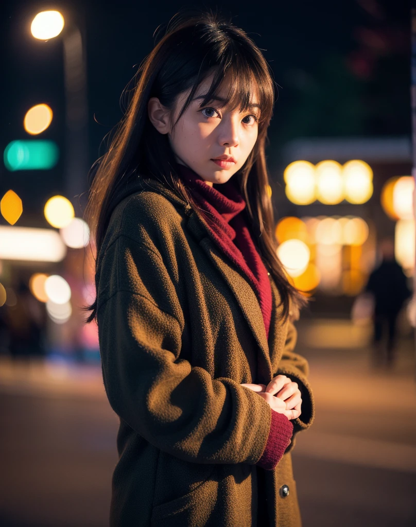 (4k, RAW photo, best quality, masterpiece:1.2),japanese,1girl,winter,night light,face focus,looking another,