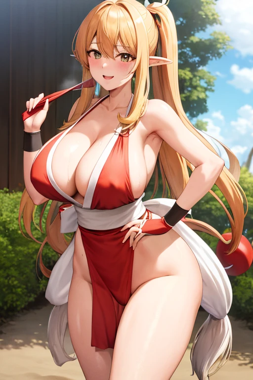 masterpiece, best quality, beautiful art, high resolution, well formed hands, body and fingers, 1 woman, solo, Tiffania Westwood , elf ears, grown up, cosplaying as Mai Shiranui , mai_shiranui_cosplay, adult, large and round breasted, cleavage full body, hair ribbon, gorgeous legs and, thighs, sexy Japanese clothes, hair ornament , sexy legs , hips and thighs, doing exercise, warming up, working out, sexy and captivating training, smiling joyfully and happily , looking at the viewer, panties peek, sweating , bouncing breasts, t back thong, training montage session, beach environment