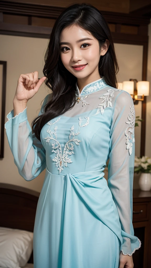 The woman in the kebaya raises her right thumb while smiling