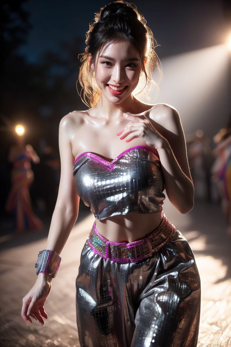 (Dancing pose: 1.3), (half body photo: 1.2), RAW UHD photo of a woman, (joyful face: 1.2) (Black braided hair: 1.0), (fit body: 1.5), (excited expression: 1.3), (wearing a colorful dress), Background is a dance floor, captivating Grey eyes with high detail, (perfect anatomy: 1.5), (evening time: 1.5), (colorful light mood and tone: 1.5), (disco light: 1.6).