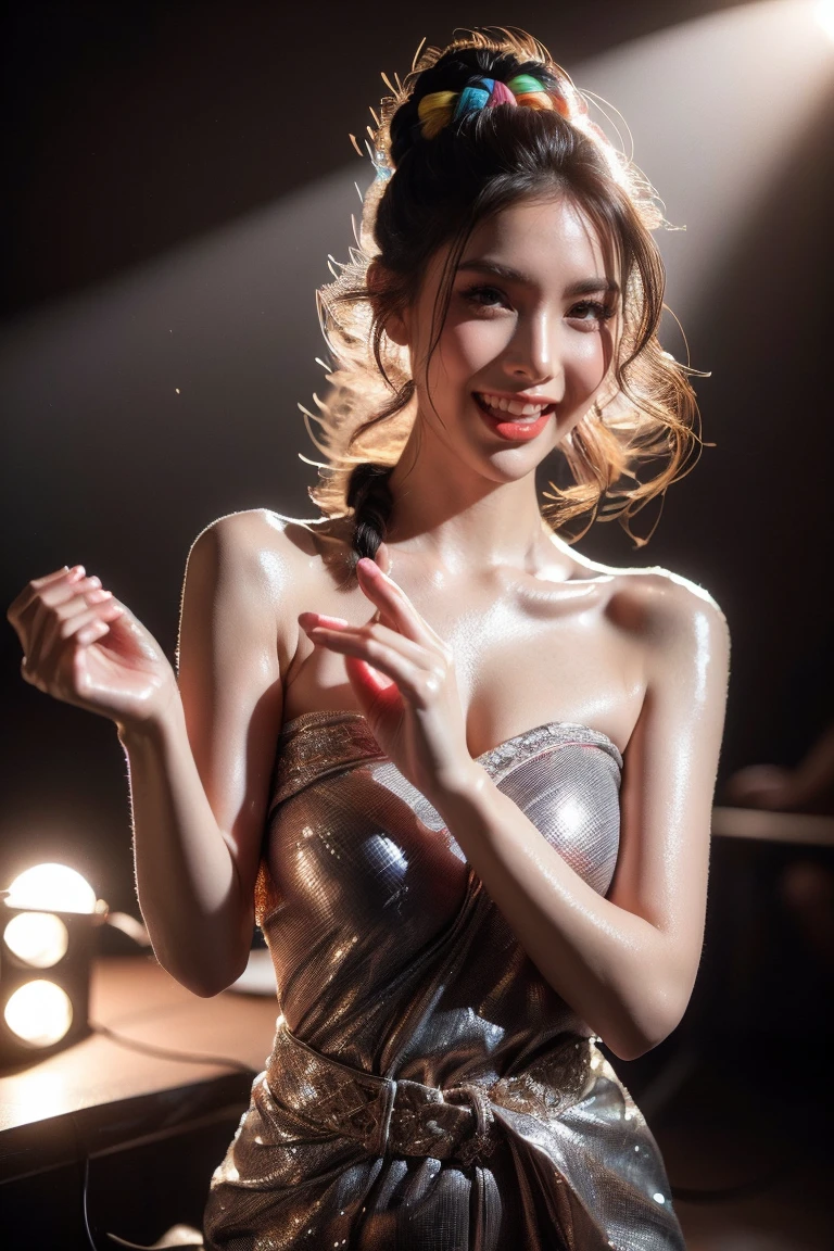 (Dancing pose: 1.3), (half body photo: 1.2), RAW UHD photo of a woman, (joyful face: 1.2) (Black braided hair: 1.0), (fit body: 1.5), (excited expression: 1.3), (wearing a colorful dress), Background is a dance floor, captivating Grey eyes with high detail, (perfect anatomy: 1.5), (evening time: 1.5), (colorful light mood and tone: 1.5), (disco light: 1.6).