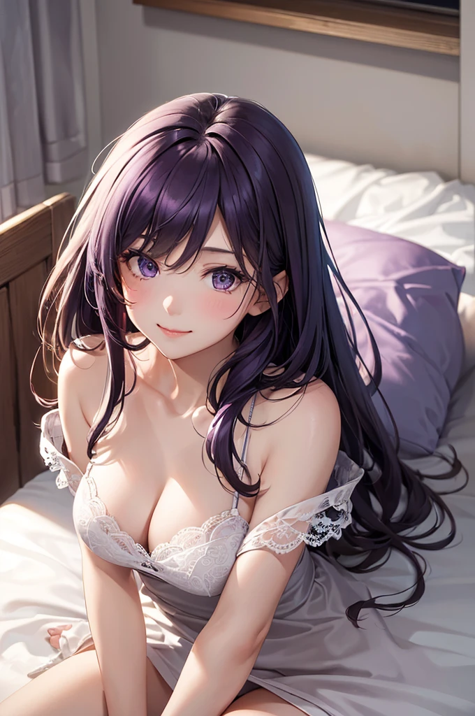 (Best Quality,High resolution,8K,finelity detailed background,Masterpiece:1.2),beautiful girl,Shiny purple hair,messy hair,Purple Eyes,Gentle look,A refreshing look,Best quality,Best Quality,Aesthetic and aesthetic:1.2,Best details((Super detailed))(High-definition CG illustrations),Sexy gray underwear (gray,intricate lace),Slender body,night,Moonlight,Bedroom,On the bed,smile,blush,cute,Scrounge,Looking up,Being spoiled,super model,wariza