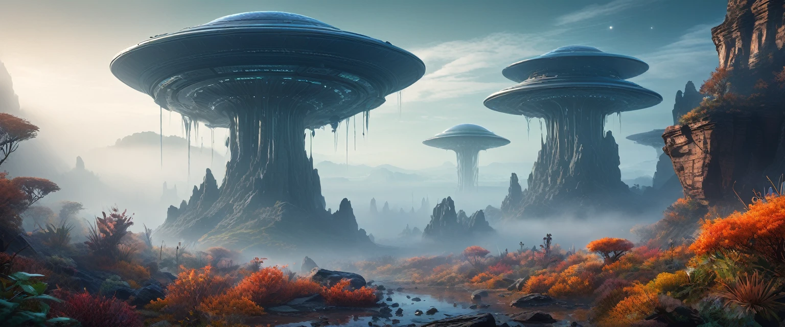 Science Fiction, Lush Alien Landscape, Vibrant flora, Mysterious rock formations, Atmospheric lighting, Fall, Misty mist, Distant Alien Skies, Award-winning illustrations|Popular on ArtStation, masterpiece|highly detailed|best quality|HD|8K|uHD|intricate details|extreme_detail