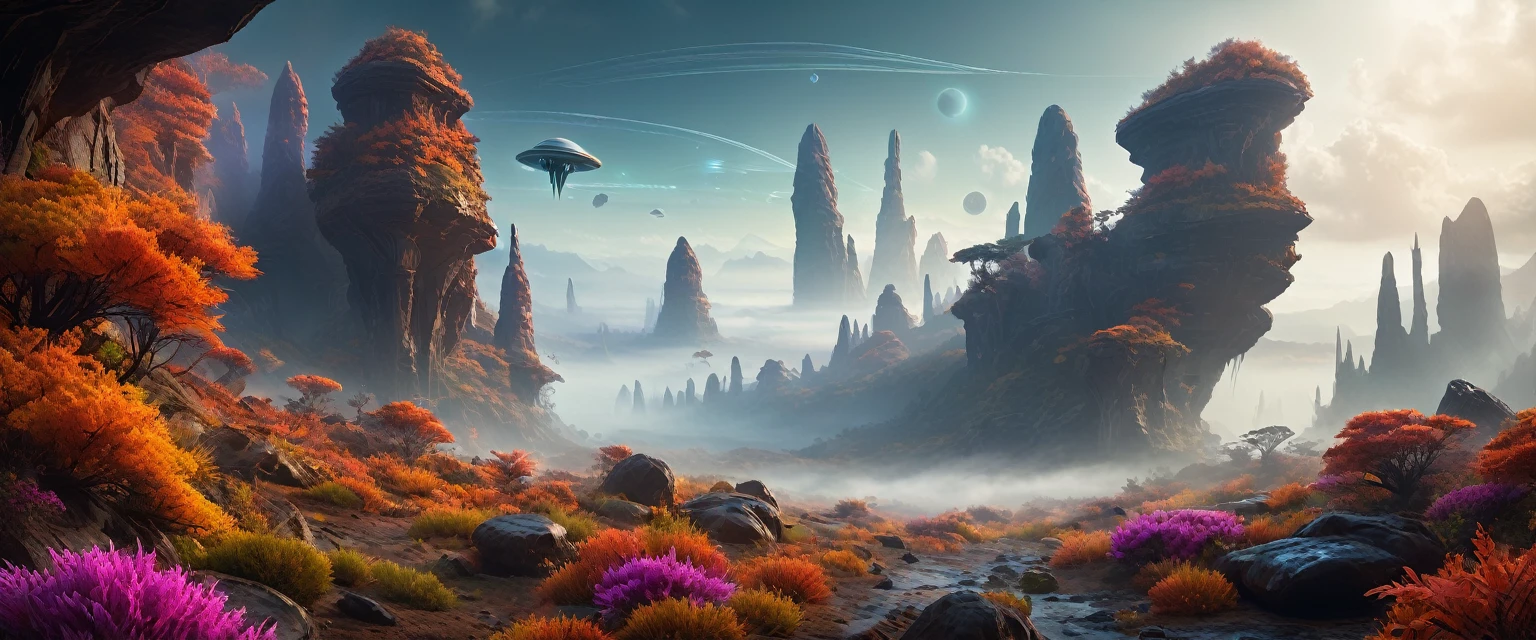 Science Fiction, Lush Alien Landscape, Vibrant flora, Mysterious rock formations, Atmospheric lighting, Fall, Misty mist, Distant Alien Skies, Award-winning illustrations|Popular on ArtStation, masterpiece|highly detailed|best quality|HD|8K|uHD|intricate details|extreme_detail