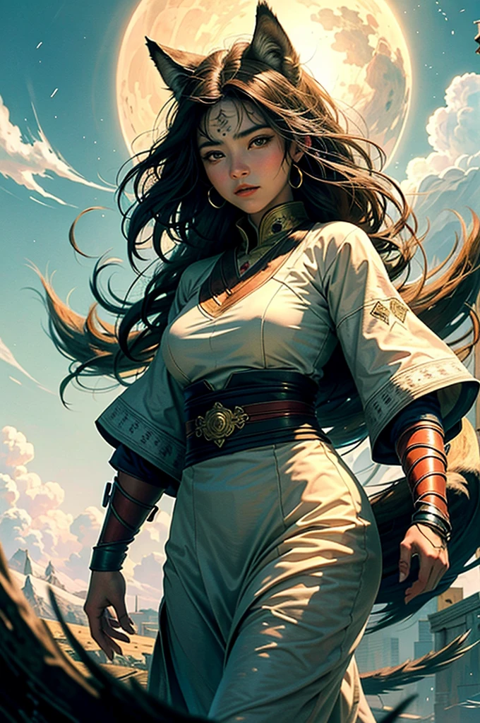Shepherd girl, with a determined expression etched into her delicate facial features, displaying an air of determination. of her , oriental characteristics contrast with the vast, open landscape. No fundo, a wolf is depicted with its thickness, fair skin displaying the fantastic colors of a medieval style illustration. The Wolf's Intricately Detailed Features, from its sharp claws to the curved lines of its snarling snout, add depth and distinction to cover art. The intricate details of the shepherdess's traditional costume are also evident, as they blend seamlessly into the enchanting scenery. Medieval-inspired design, adorned with
