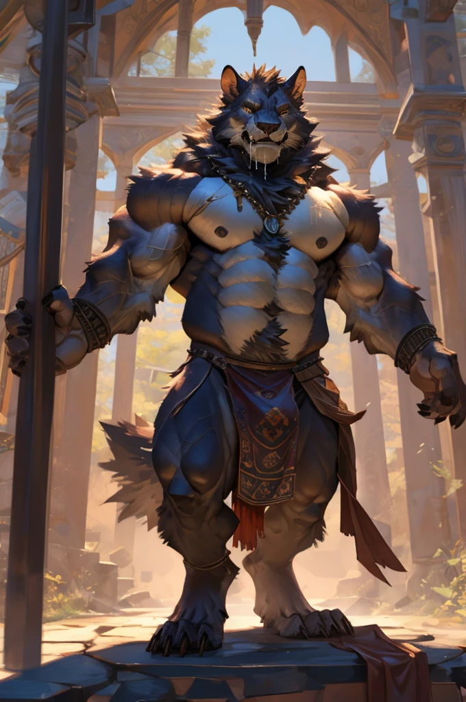 By Taran fiddler, By Theopornon, solo, werewolf, matted fur, wearing brown plain loin cloth, loin cloth draped over penis, showing penis, naked, drooling, looking feral, penis poking out of loincloth, erect penis (knot), large penis, veiny penis, precum dripping, detailed precum, snowy background, wooded area, looking at viewer, dynamic angle, dynamic poses, zoomed in on face