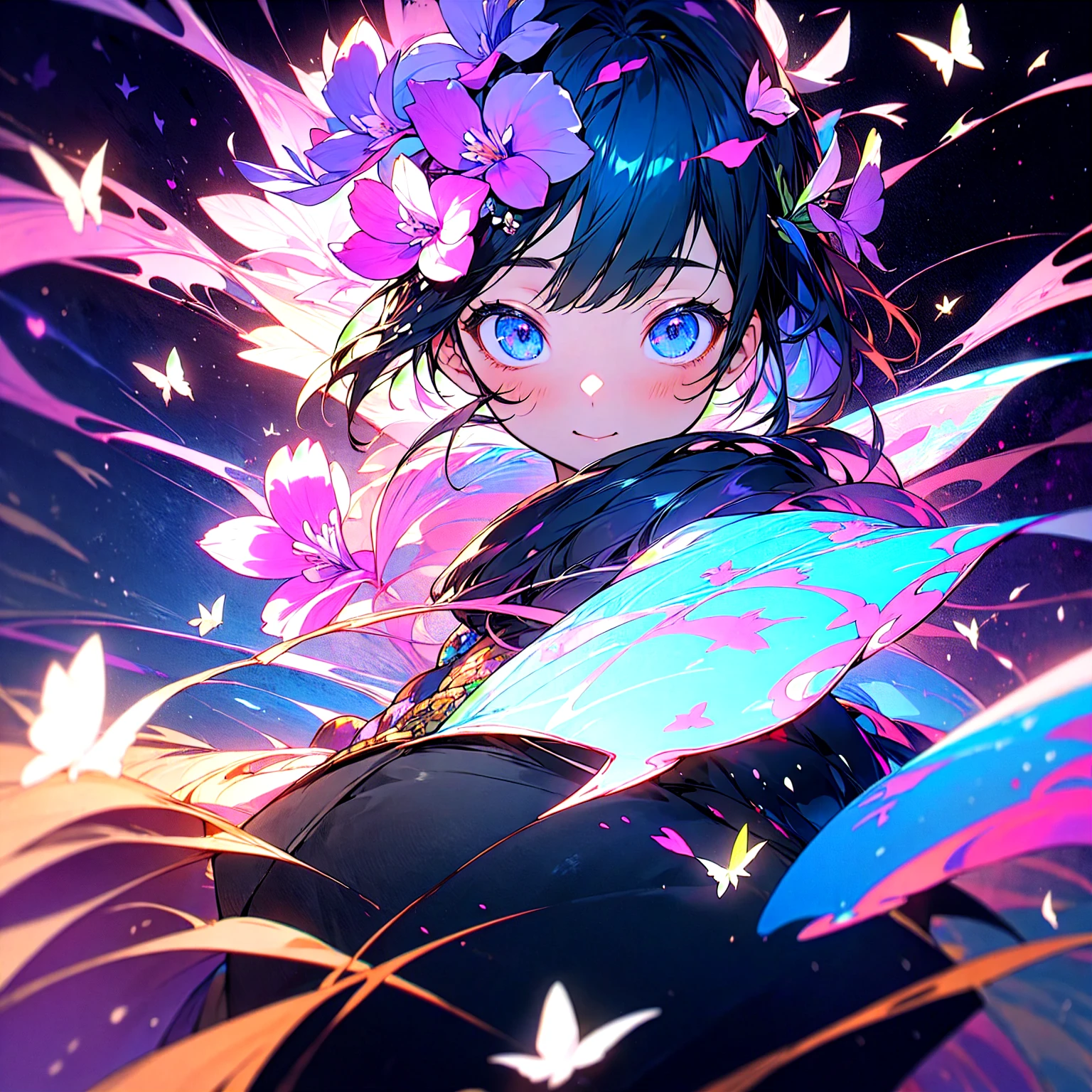 (beautifully、aesthetic:1.2)、(1 Girl:1.3)、(Black Hair:1.2)、Wearing a purple kimono、miracle、happinessそうな笑顔、like、happiness、Great space、Phalaenopsis flower、like情、likeに溢れる空間、Phalaenopsis flowerが咲き乱れる、Flower Space、