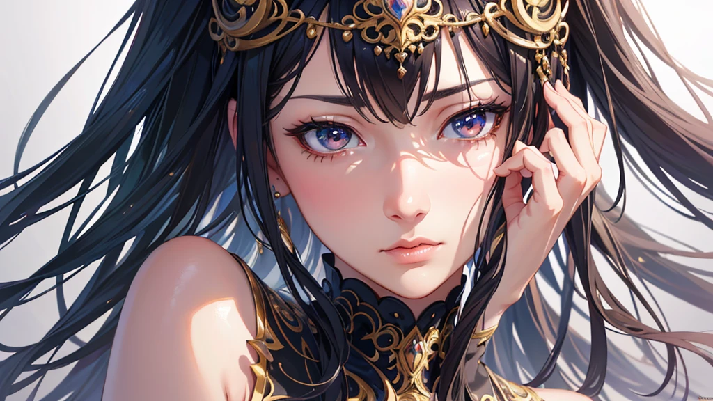 a detailed anime style portrait of a young woman in a beautiful ornate dress, elegant hairstyle, detailed facial features, detailed hands, ornate background, vibrant colors, digital art, artstation, highly detailed, intricate details, cinematic lighting, dramatic pose, fantasy, epic, (best quality,4k,8k,highres,masterpiece:1.2),ultra-detailed,(realistic,photorealistic,photo-realistic:1.37)