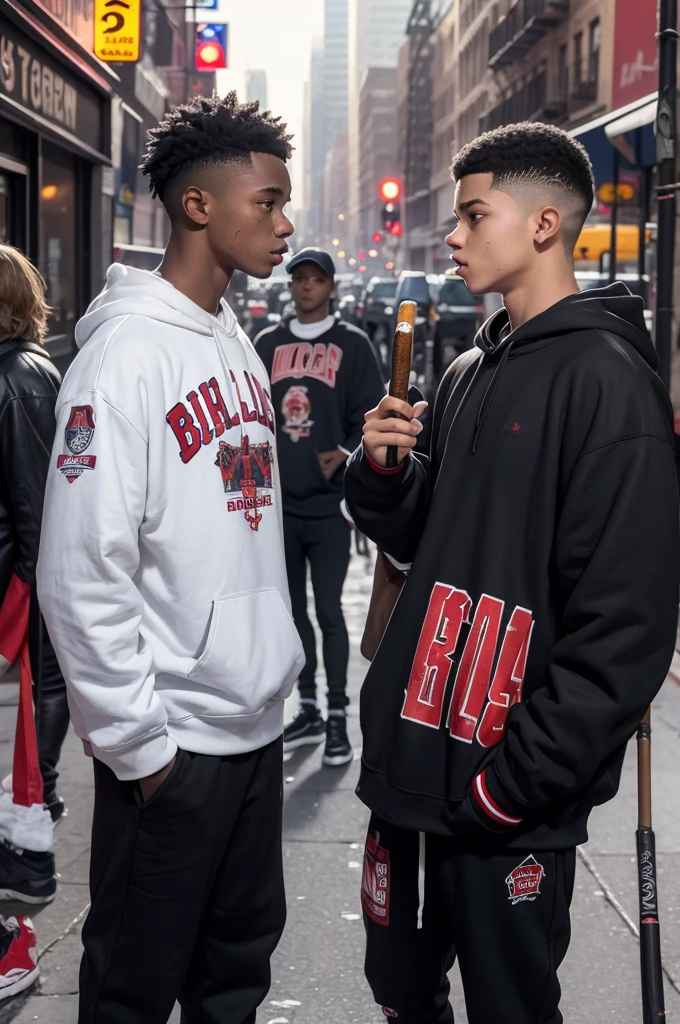 On the dirty streets of New York, a teenager with a red Chicago Bulls sweatshirt, a cigarette in his right hand, black pants and a baseball bat in his left hand, standing facing another teenager with a Golden State Warrior sweatshirt and an iron baseball bat in his hand