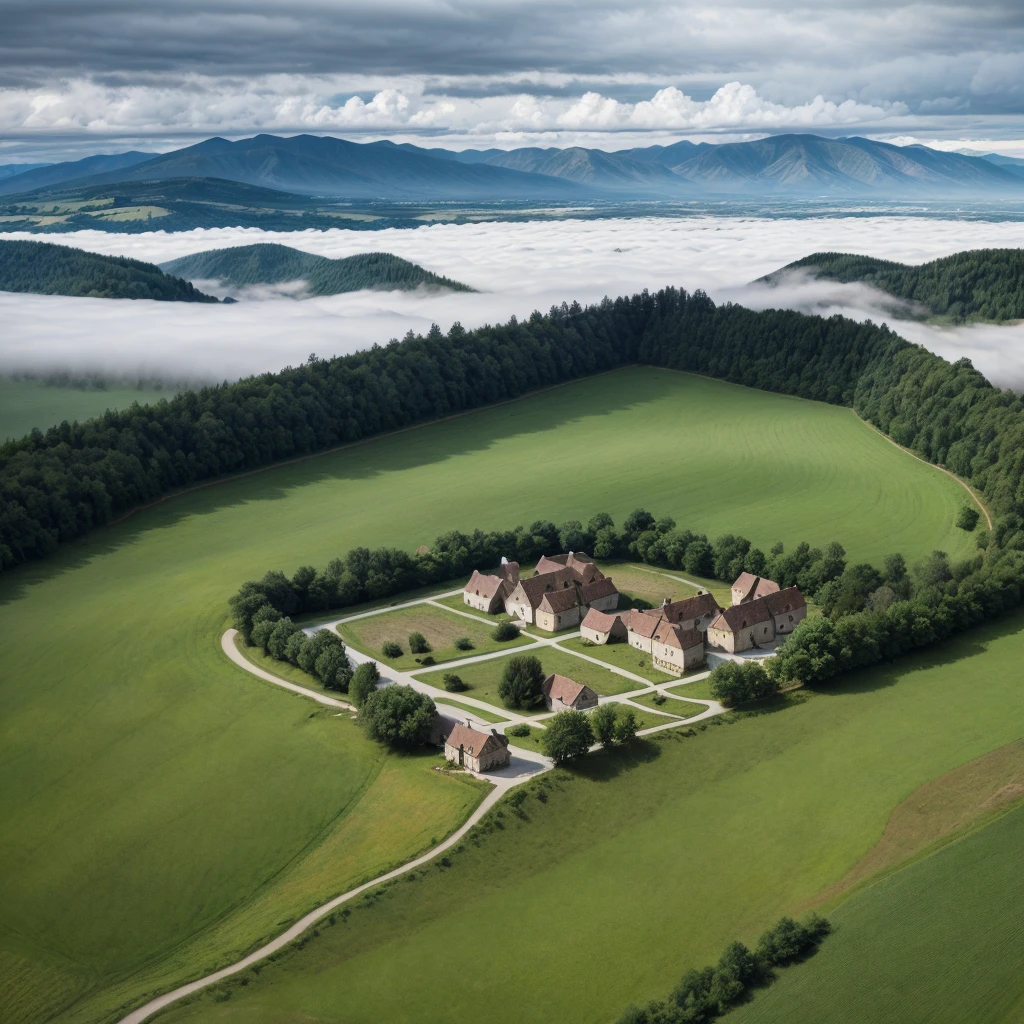 Create ultra-realistic photos of aerial views of village houses with a big house in the center, high mountains, fields. images like professional camera photos produced with a Nikon DSLR camera, 32k size, UHD, HD photos, dramatic cinematic effects with clouds and fog around