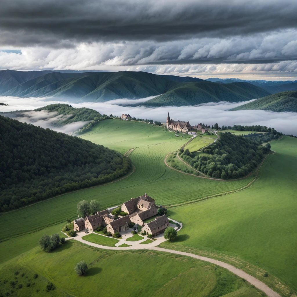 Create ultra-realistic photos of aerial views of village houses with a big house in the center, high mountains, fields. images like professional camera photos produced with a Nikon DSLR camera, 32k size, UHD, HD photos, dramatic cinematic effects with clouds and fog around
