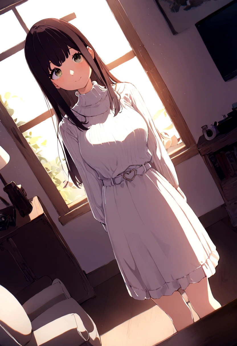 ((1girl)), super fine illustration, vibrant colors, absurdres extremely detailed CG, 8k wallpaper, (masterpiece:1.3), dynamic angle, dynamic pose,
best quality, depth of field, cinematic lighting, ultra detailed, brown long hair, very straight hair, large breast, white knit dress , 20yo, cute, kawaii, smile, droopy eyes, arms at sides, smartphone, modern living room