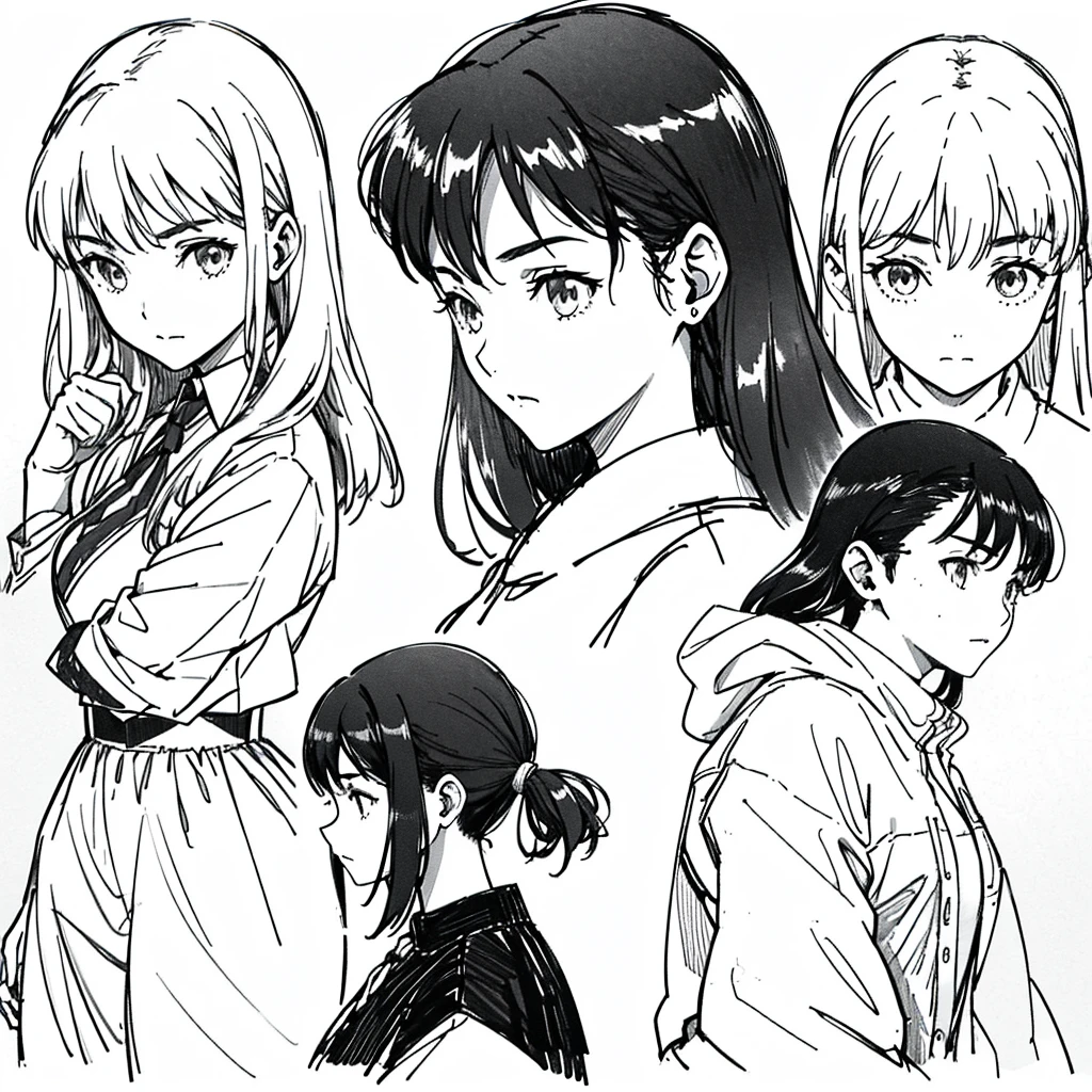 One Girl,Line art,Monochrome,sketch,Pencil drawing,Traditional Media,One Girl, skirt,Cute Teenage Girls, ,Beautiful portrait、Delicate body、Black Hair、Black Hair,landscape (Multiple Views, Multiple Angles), Side view, Front view, look up, Look down, Rear View, 20-degree head view(((Dynamic pose))),