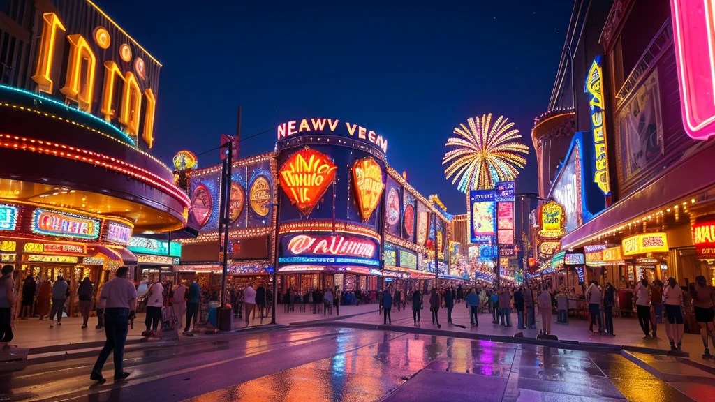 An evening view of Fremont Street in Las Vegas, showcasing the spectacular light show on the overhead canopy. The street is illuminated by neon signs from iconic casinos and entertainment venues, creating a dynamic and festive ambiance. Crowds of people are enjoying the show and the vibrant nightlife, reflecting the excitement and allure of Las Vegas.