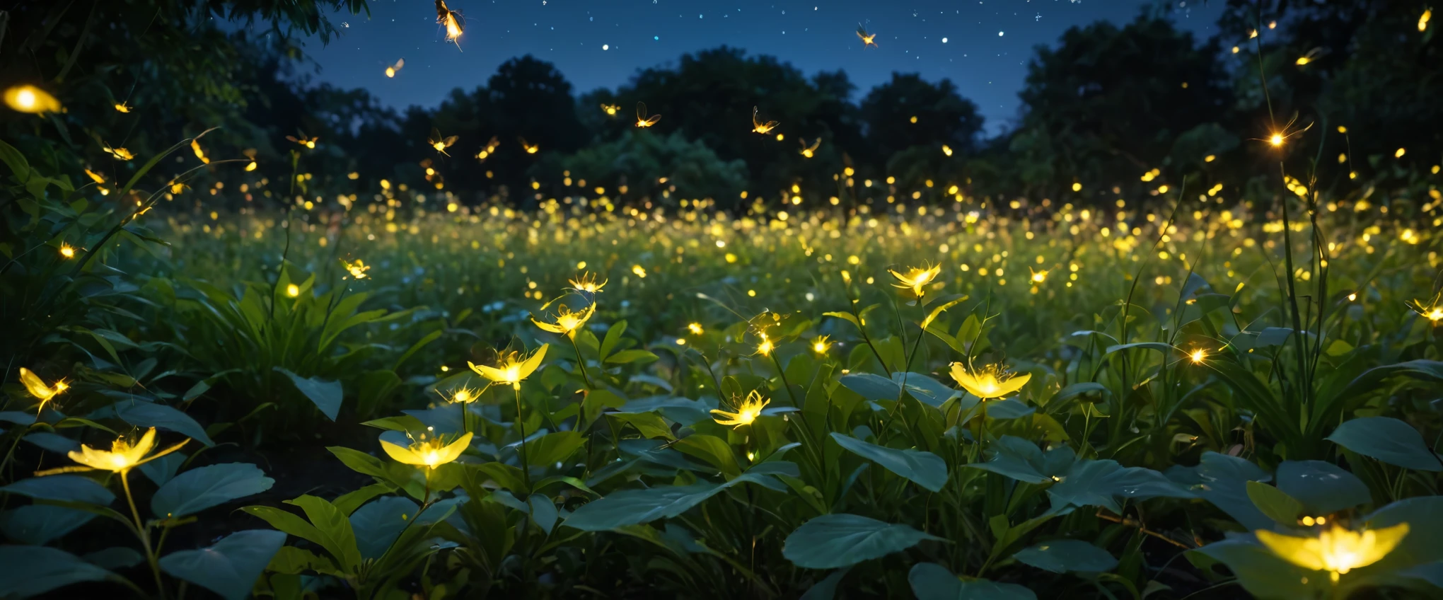 (8K, Top quality, masterpiece: 1.2), (Practical, photoPractical: 1.37), Super Detail, Wide viewing angle, garden, Many faint fireflies flying around, night