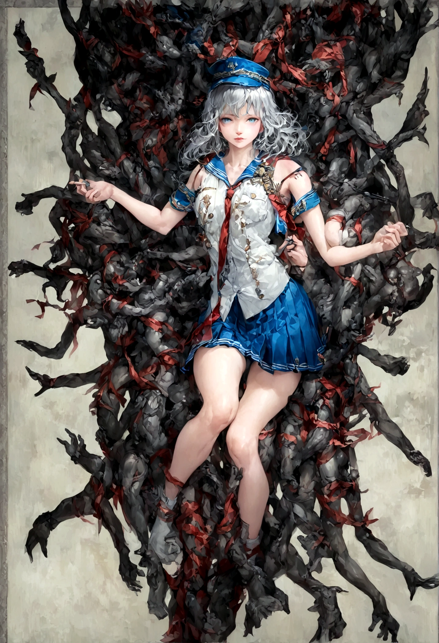 nsfw, [abstract], lowres, (bad), bad anatomy, bad hands, (more arms, more hands, more legs), text, error, missing fingers, extra digit, fewer digits, cropped, worst quality, low quality, normal quality, jpeg artifacts, signature, watermark, username, blurry, holding pencils, holding a pencil, ((pleated, bow, ribbon, tie, socks, slit, sailor collar, shoulder loop, shoulder strap, shoulder marks, shoulder board, breast pocket, cap, bare shoulders)), rating:sensitive