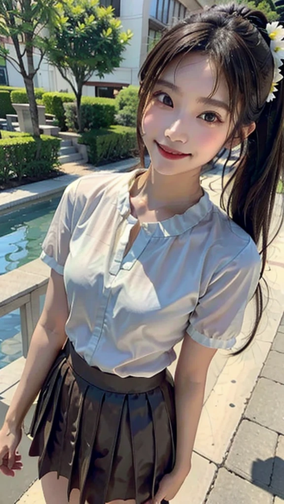Highest quality、Highest quality、、masterpiece、Brown Hair、High ponytail、Gal、summer、smile、looks fun、Young Japanese woman、Short ruffle skirt、garden