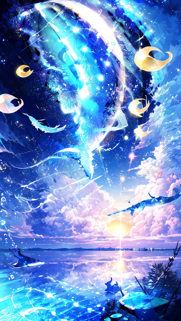 -scenery, 1girl, sky, Star (sky), Highest Resolution、whale, night, solo,Fine starry sky、 city lights, Starry sky, Fine bubbles、night sky, bubble, moon, watercraft, outdoors, short hair, ocean, cloud,coloured glaze,