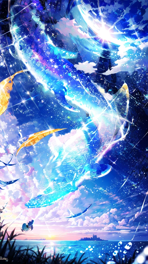 -scenery, 1girl, sky, Star (sky), Highest Resolution、whale, night, solo,Fine starry sky、 city lights, Starry sky, Fine bubbles、night sky, bubble, moon, watercraft, outdoors, short hair, ocean, cloud,coloured glaze,