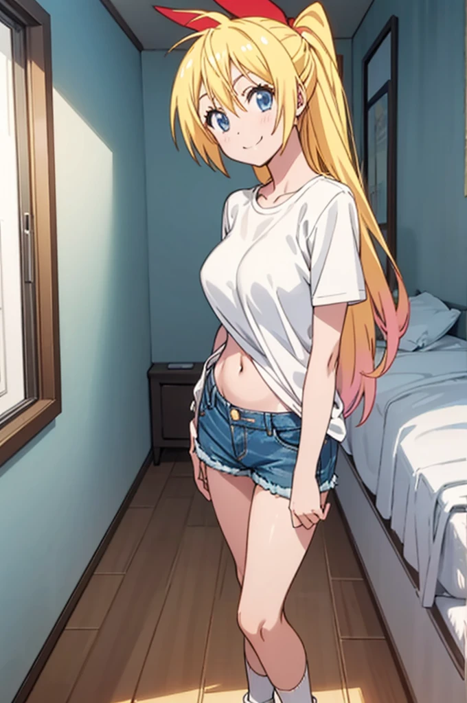 solo, 1girl, chitoge kirisaki,, smile, looking at viewer,my room,small shirts,big breasts,denim shorts,navel,socks,my room