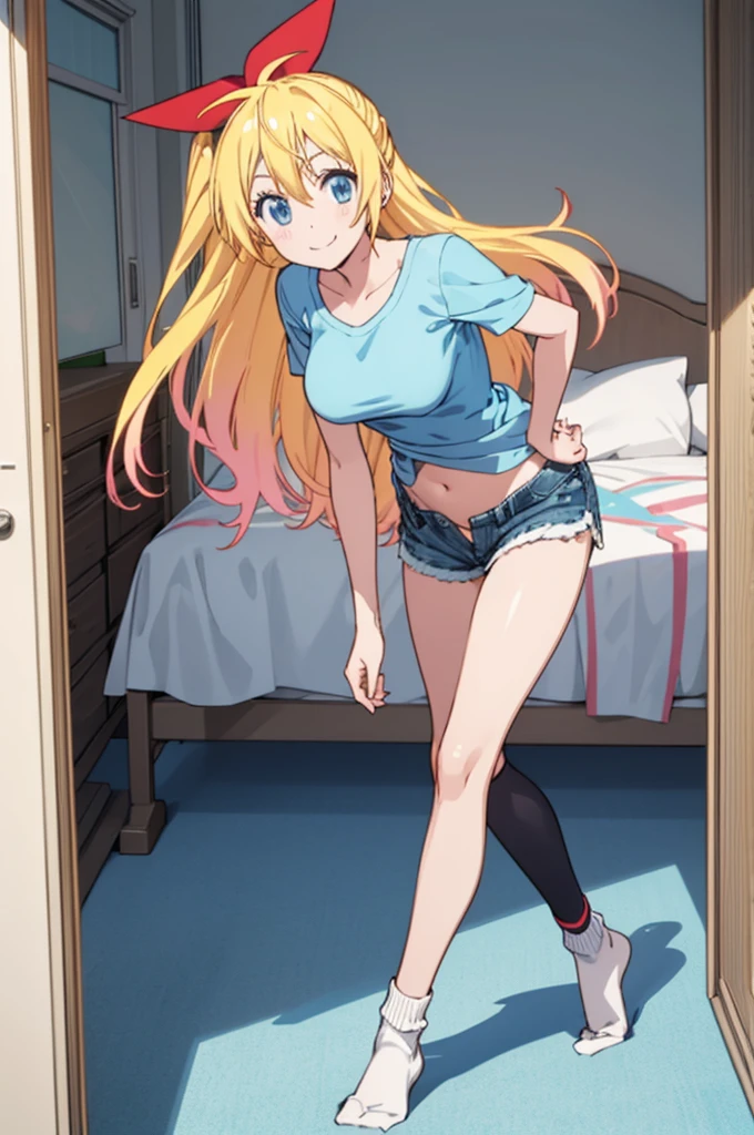 solo, 1girl, chitoge kirisaki,, smile, looking at viewer,my room,small shirts,big breasts,denim shorts,navel,socks,my room