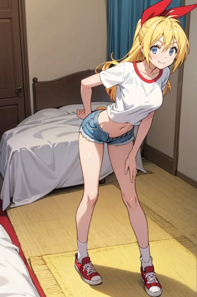 solo, 1girl, chitoge kirisaki,, smile, looking at viewer,my room,small shirts,big breasts,denim shorts,navel,socks,my room