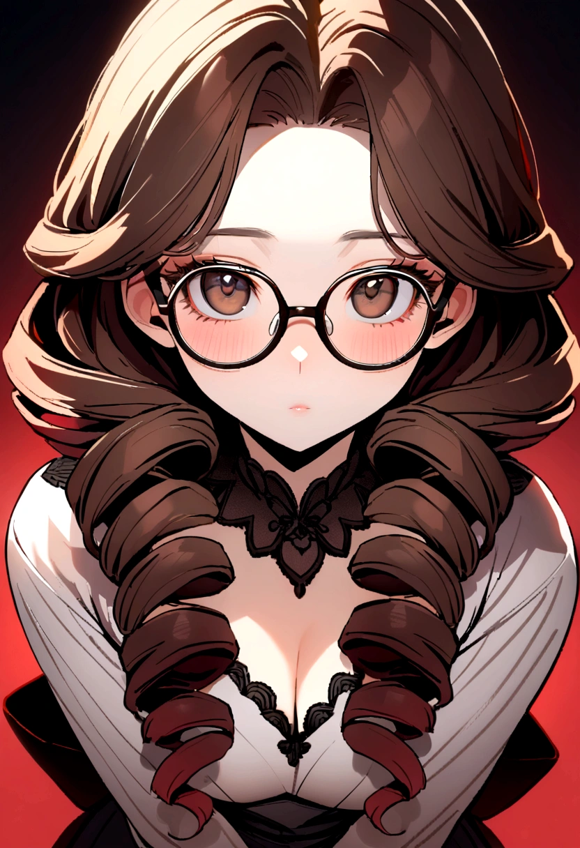 8K, ultra hd, masterpiece, (detailed), 1girl, (good face:1.4), hairstyle (color: red, length: short, curly with flowing small ringlets), face (heart-shaped, pale, dark brown eyes), glasses (wears thick-rimmed, old-fashioned glasses), background is white, just drawn face