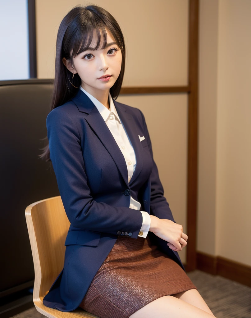 (4k, RAW photo, best quality, masterpiece:1.2),ultra high res,(photo realistic:1.2),High detail RAW color photo,professional photograph,(realistic, photo realistic:1.4),((best quality)),japanese girl,pencil skirt,suit,looking at viewer,sitting,in office,