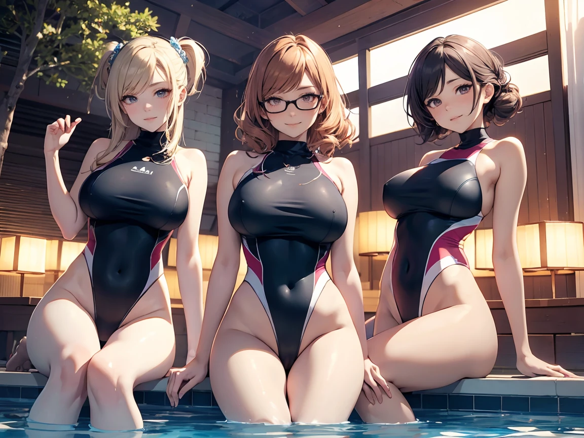 best picture quality, 8K, high quality, masterpiece:1.2), ((masterpiece)), (high detail, high quality, best picture quality), glasses, Portrait, open stance, (cute illustration:1.2), poolside, (multiple girls with various hair color and style:1.2), day light, beautiful light, professional lighting, (medium ), (one piece turtle neck bright color competition swimsuit,), (idolmaster), cute round face girl, sexy, amic posing, exciting mood, smiling, dynamic angle