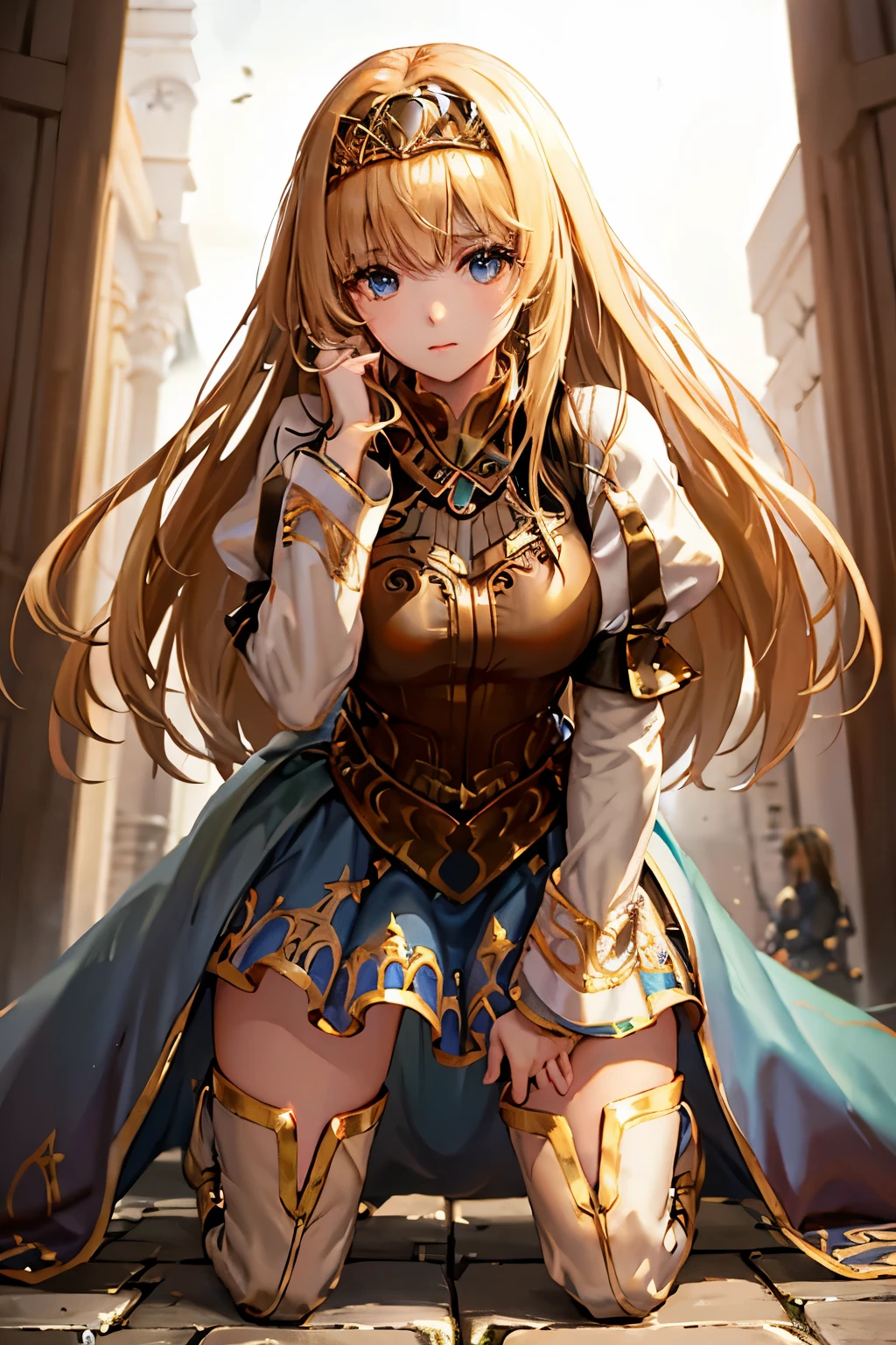 （（（ＳＦＷ、sound、Highest quality、first-clasasterpiece、Normal body、8K、Detailed face、Ultra-precision、Normal hand、Normal finger、５Finger、Highest）））、beautiful girl、Golden blonde;1.4、slender、low length、thin feet、Alisha、Princess、Valkyrie Profile、Thin sword、Fleeting、Dungeons、On all fours、Crawl、Skirt lift