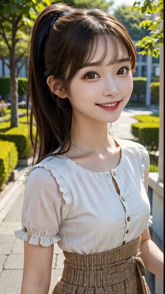 Highest quality、Highest quality、、masterpiece、Brown Hair、High ponytail、Gal、summer、smile、looks fun、Young Japanese woman、Short ruffle skirt、garden