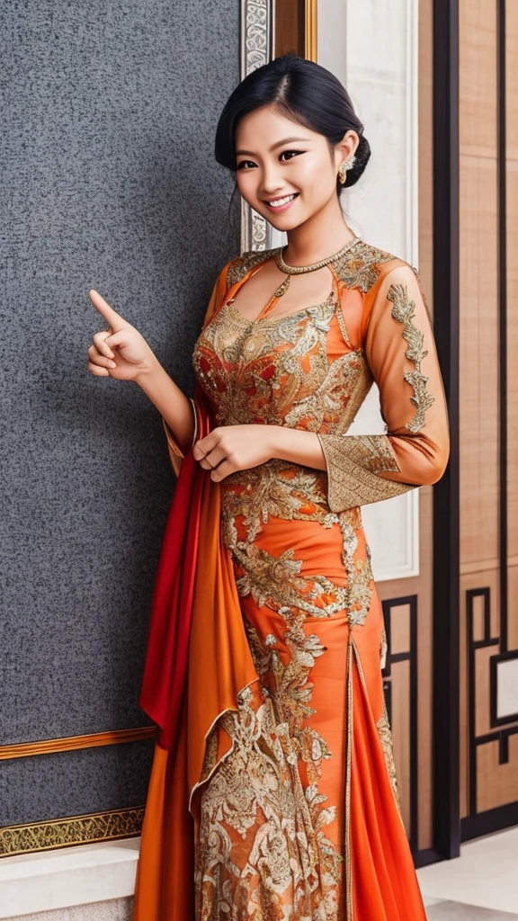 The woman in the kebaya raises her right thumb while smiling