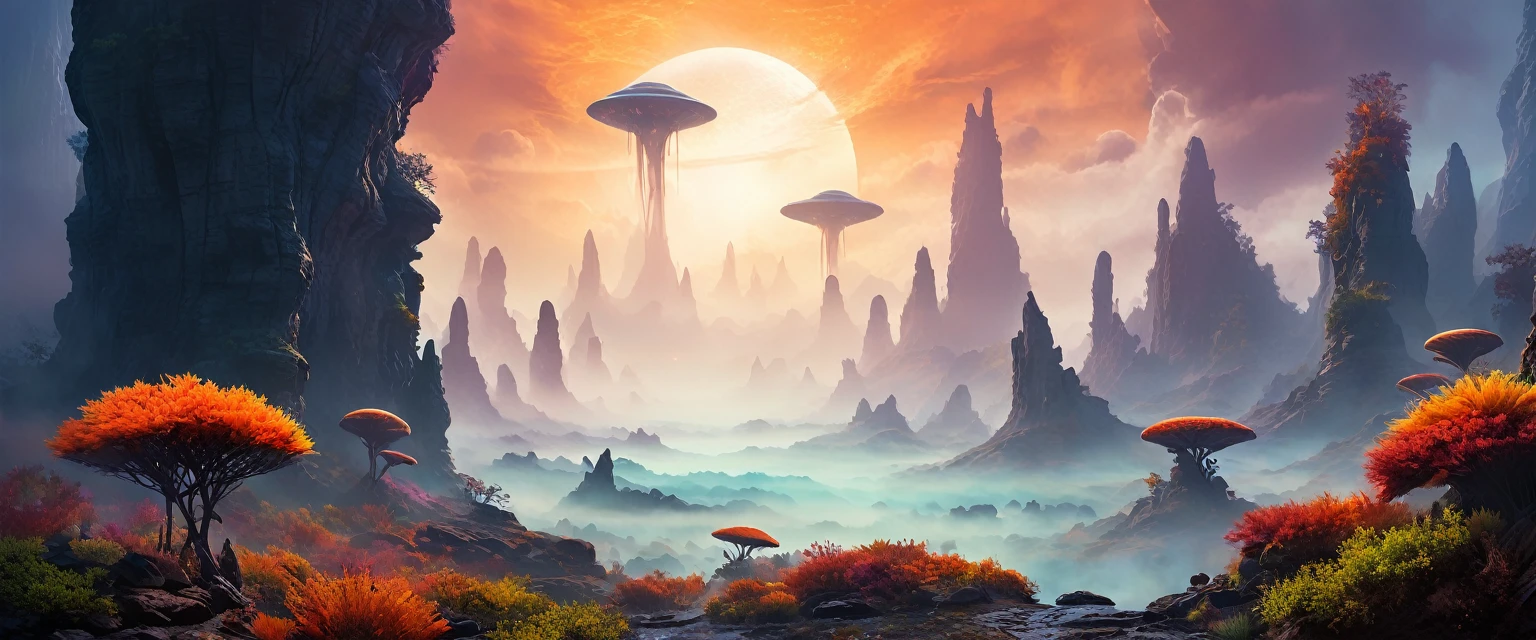 Science Fiction, Lush Alien Landscape, Vibrant flora, Mysterious rock formations, Atmospheric lighting, Fall, Misty mist, Distant Alien Skies,